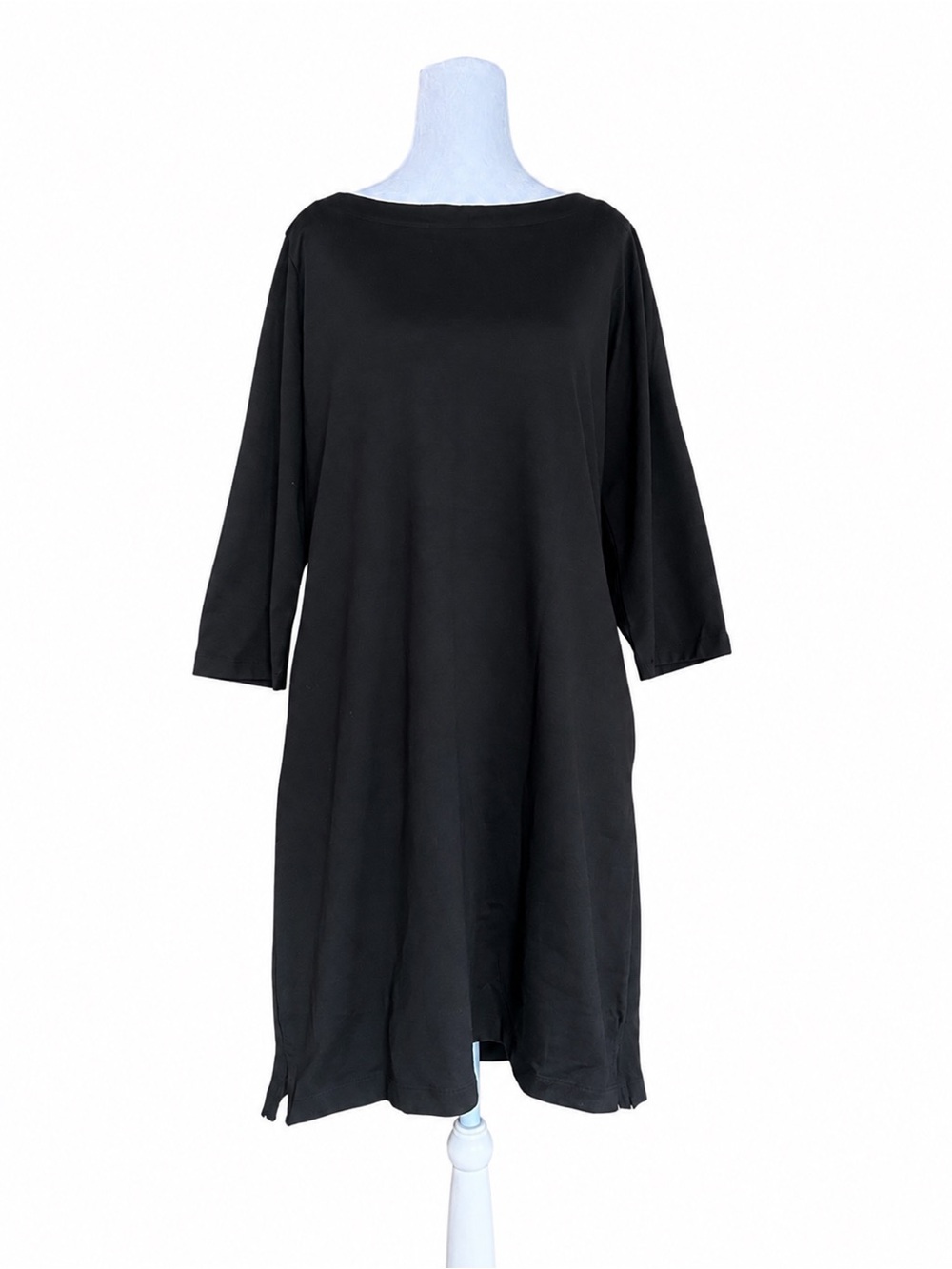 L.L. Bean Womens MP Medium Petite Black Cotton Knit Shift Dress 3/4 Sleeve Solid